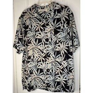 Island Republic Mens XL Hawaiian Shirt Black Beige Palm Leaf 100% Silk Button